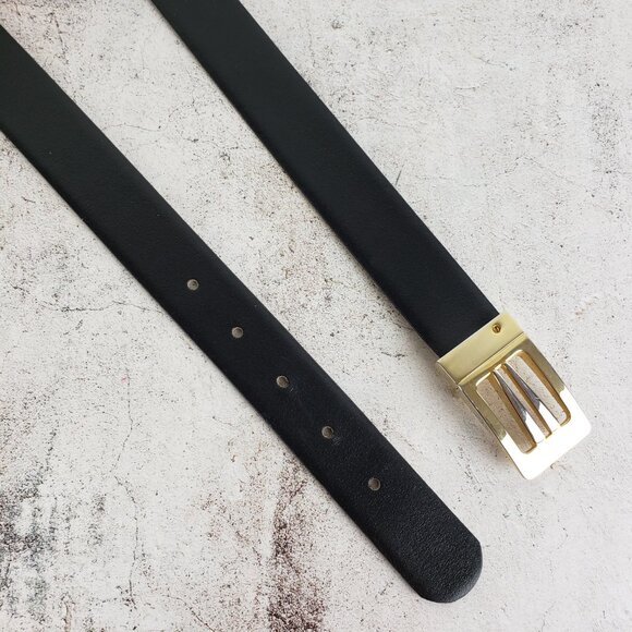 Vintage Spain Art Deco Leather Belt Black Gold Buckle Classic Elegant Minimalist - Picture 6 of 9